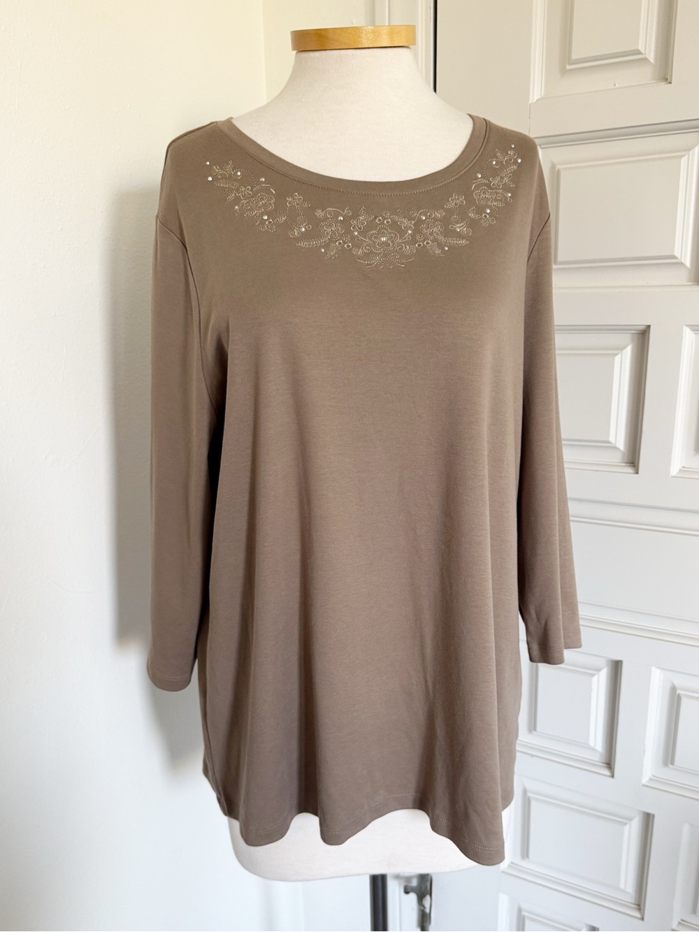 Studio Works Taupe Tan Top Embellished Scoop Neck Shirt 100% Cotton Size 2X